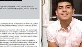 La Unión Argentina de Rugby lamentó "profundamente" la muerte de Fernando Báez Sosa