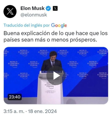 El peculiar tuit de Elon Musk siguiendo el discurso de Javier Milei en Davos