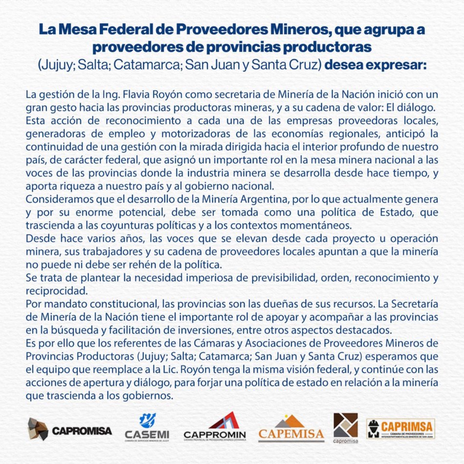 Gran reconocimiento de la Mesa Federal de Proveedores Mineros a la gestión de Flavia Royón