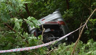 Un auto "voló" sobre los cantero al vacío y árboles detienen caída