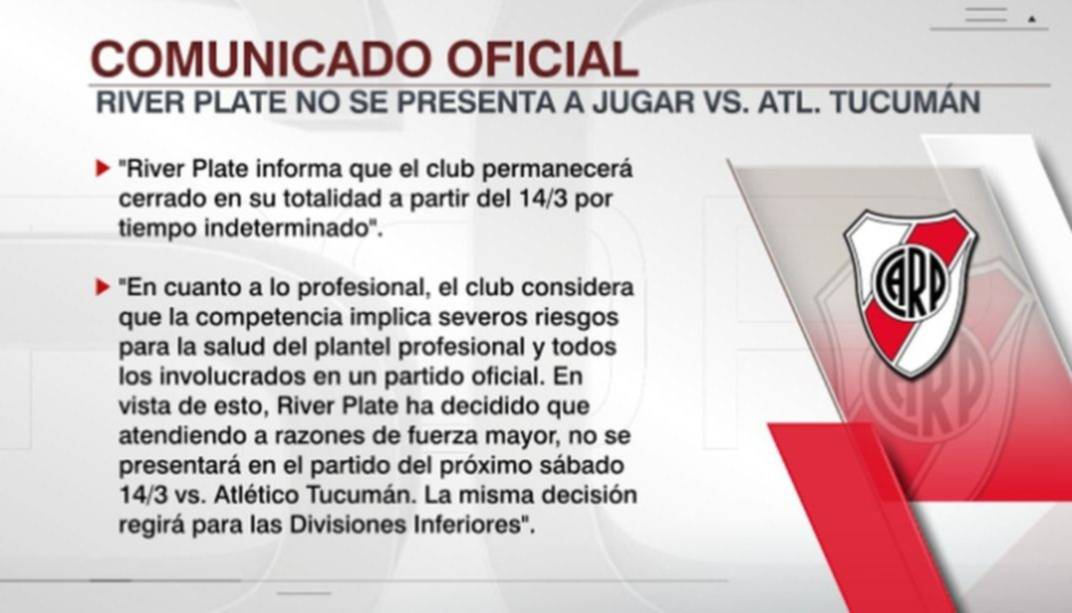 Superliga: River no disputará su partido ante Atlético Tucumán por el  coronavirus