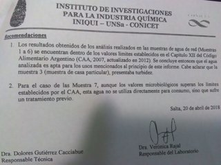 Un análisis sobre la calidad del agua en Metán dio resultados positivos