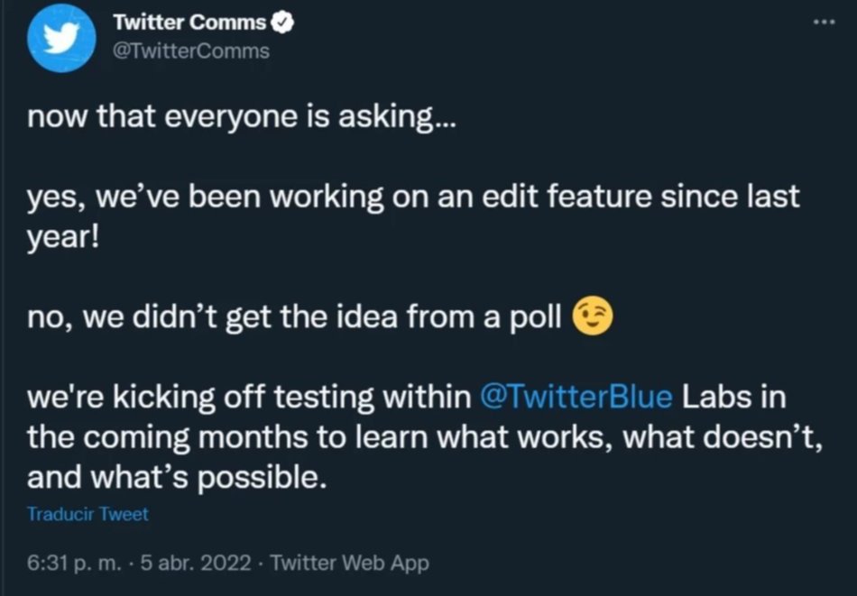 Twitter confirmó que trabajan en un botón que permitirá "corregir errores" en un tweet
