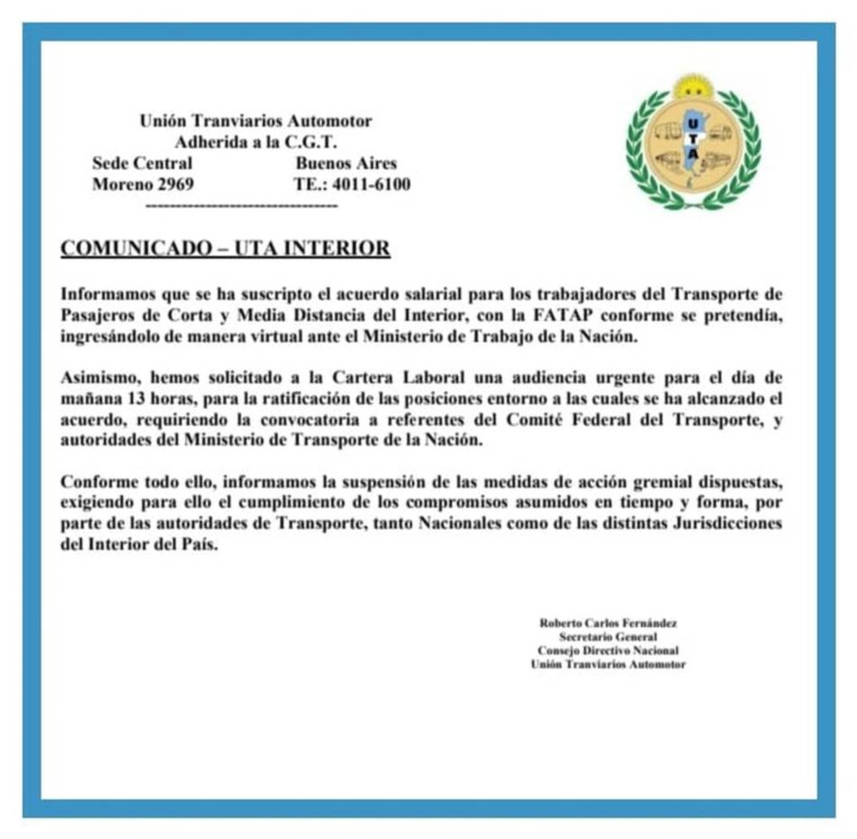 Se levantó el paro de la UTA y hoy habrá colectivos 