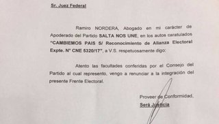 Salta Nos Une presentó su renuncia formal al Frente Cambiemos País
