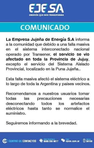 El comunicado de Ejesa sobre el corte de luz