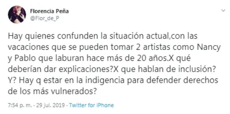 Flor Peña defendió a Pablo Echarri y Nancy Dupláa- Flor Peña defendió a Pablo Echarri y Nancy Dupláa