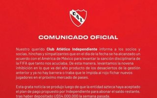 Independiente pagó 3 millones en la deuda con América