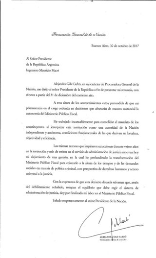 La carta de renuncia que envió la procuradora al 