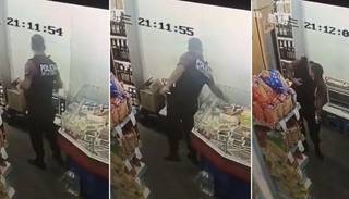 VIDEO: Sorprendieron a policía robando bandeja de fiambre