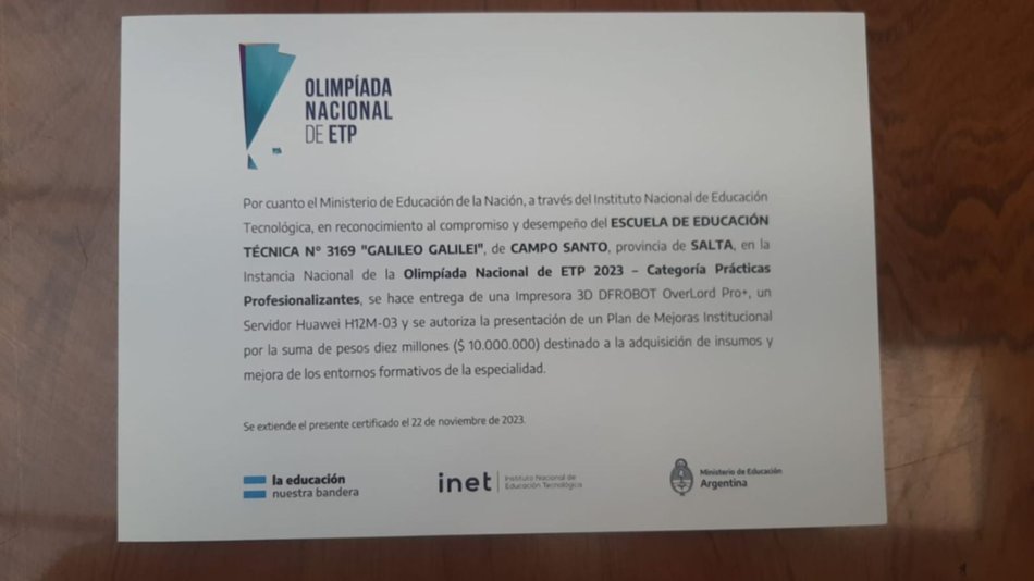  La EET 3169 Galileo Galilei de Campo Santo ganó un premio de $10 millones