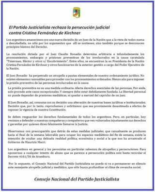 El PJ nacional rechaza el pedido de Bonadio contra Cristina Kirchner