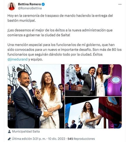 Bettina Romero: "Ha sido el honor más grande de mi vida gobernar la Ciudad de Salta"